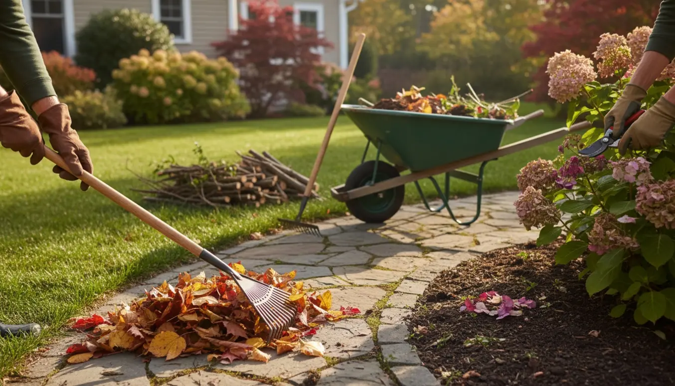 Hænder fejer blade, fjerner visne blomster og ordner kanter i en velplejet have.