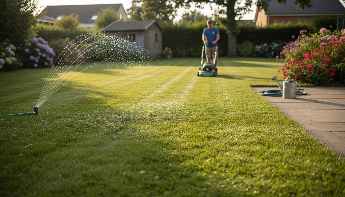 Havegartner set bagfra slår græsset i en solrig have mens en sprinkler vander plænen.