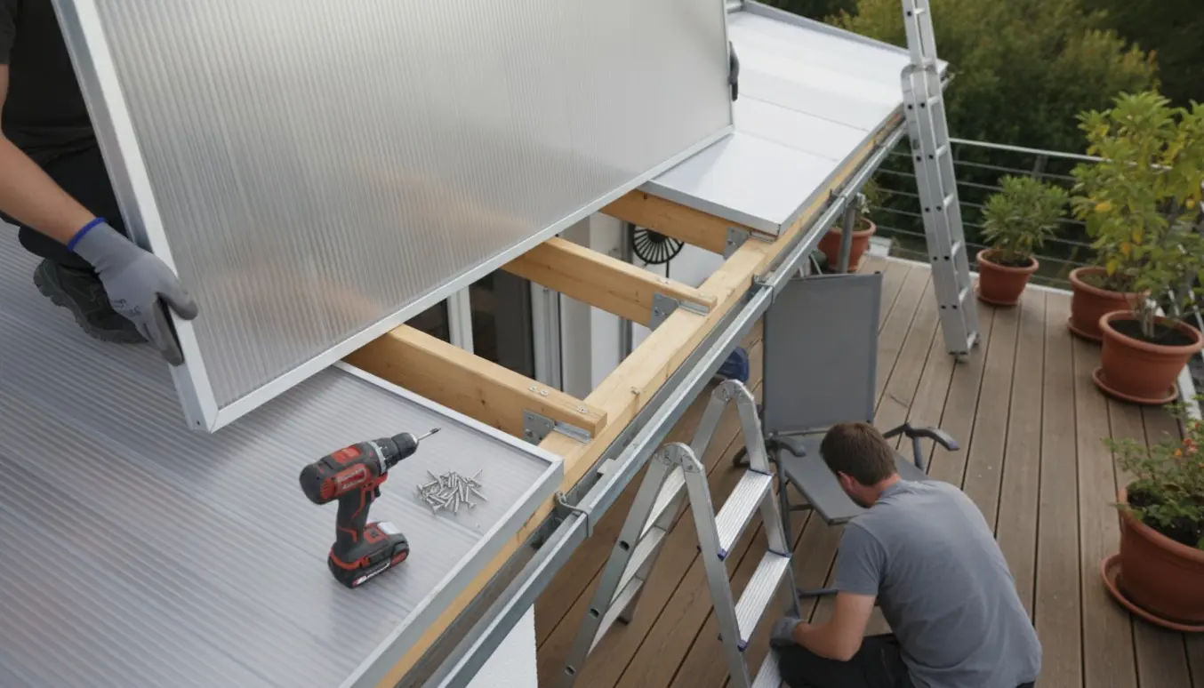 Handskerklædte hænder løfter et aftageligt terrassetagspanel og placerer det på taget ved siden af.