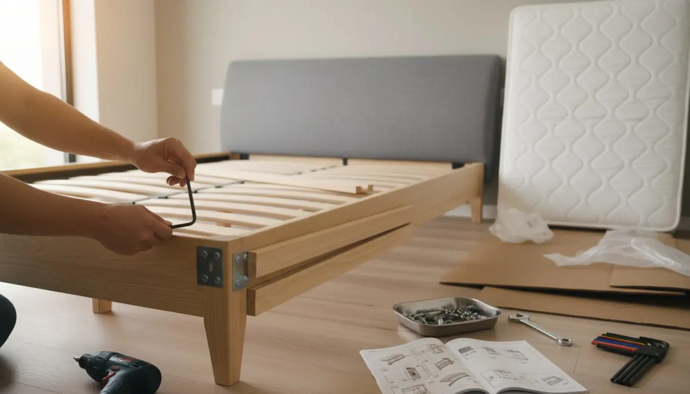 Delvis samlet seng med værktøj og hænder, der strammer en bolt i et lyst soveværelse.