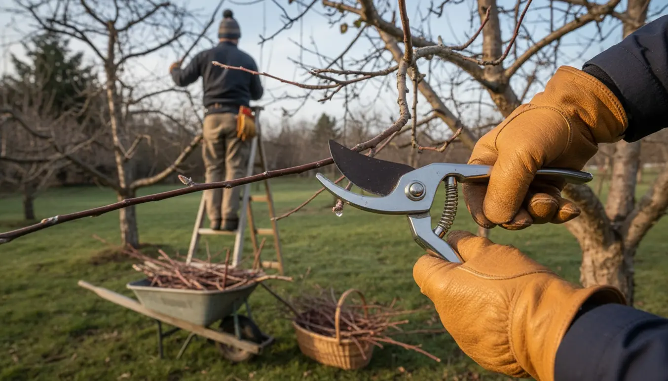Hænder i handsker klipper skud på et æbletræ med beskæresaks, afskårne grene i en trillebør i baggrunden.
