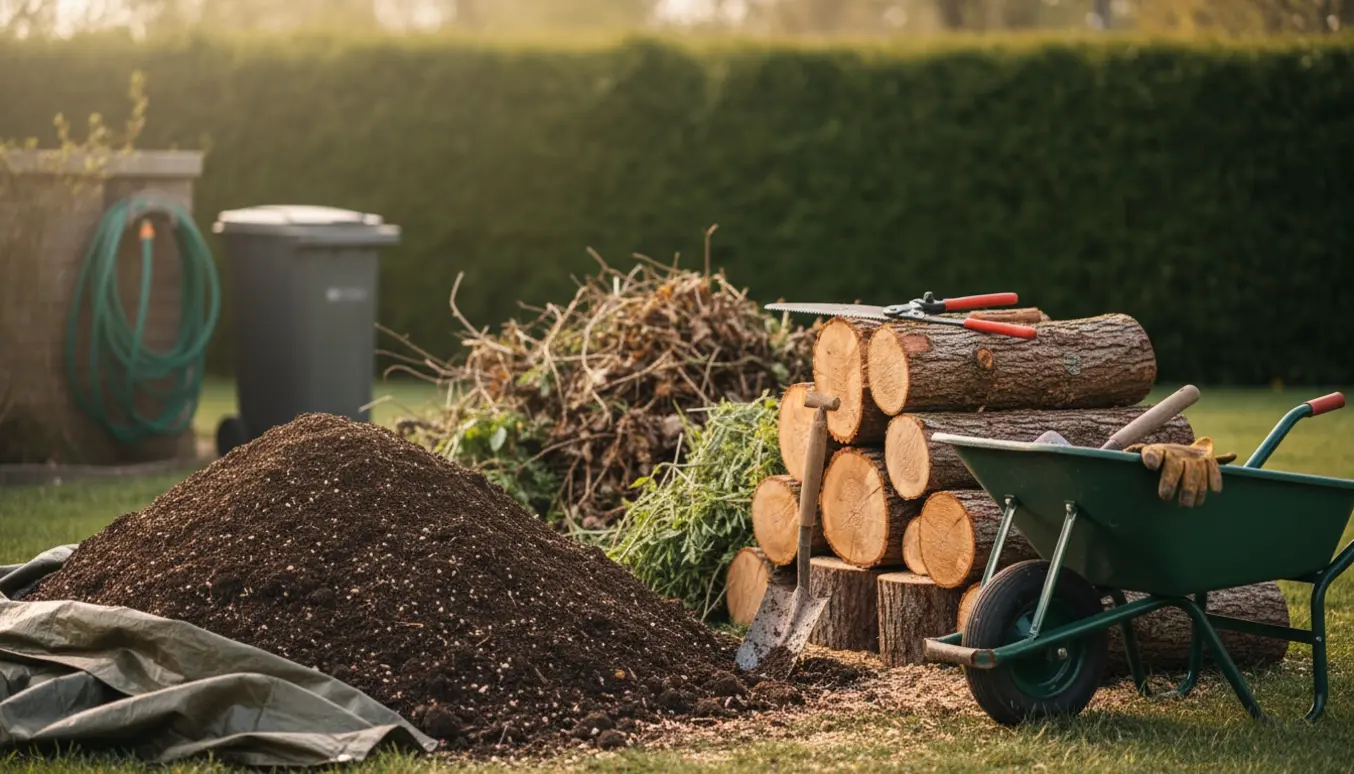 Bunke jord, skårne træstammer og haveaffald stablet klar i en ryddet baghave.