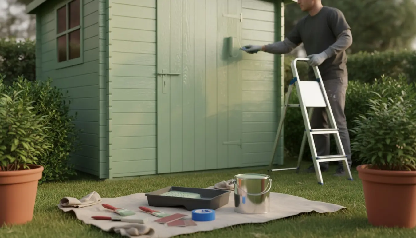 Et træskur i baghaven bliver malet i sart salviegrøn med malerbøtte og rulle i forgrunden.