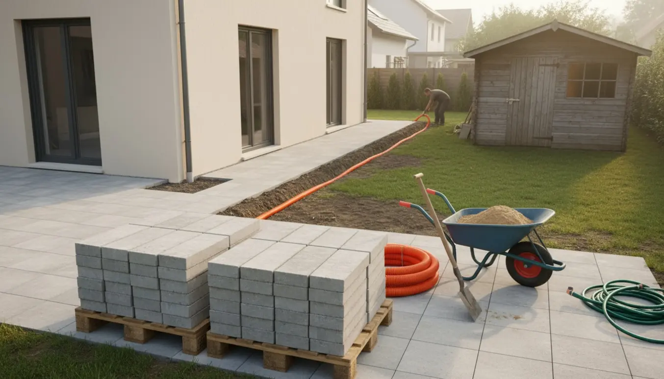 Nedgravet rende mellem hus og skur med 50mm flexrør og opstablede betonfliser klar til genetablering.