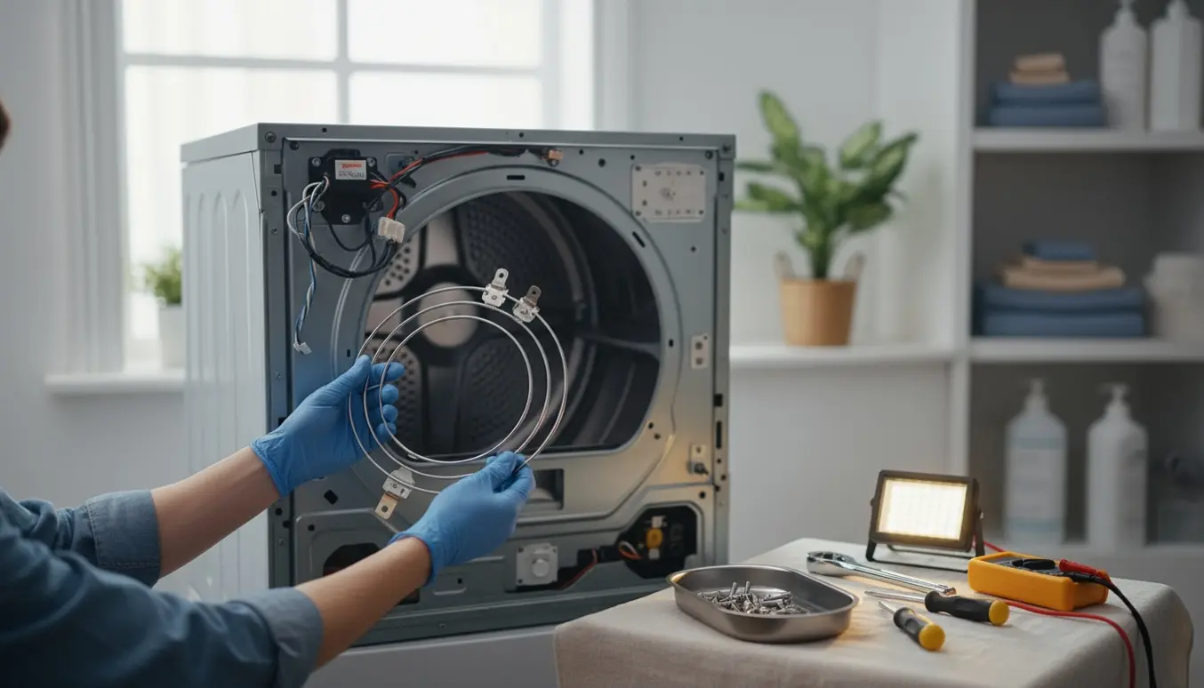 Hænder i handsker udskifter varmelegemet i en åben tørretumbler i et lyst bryggers.