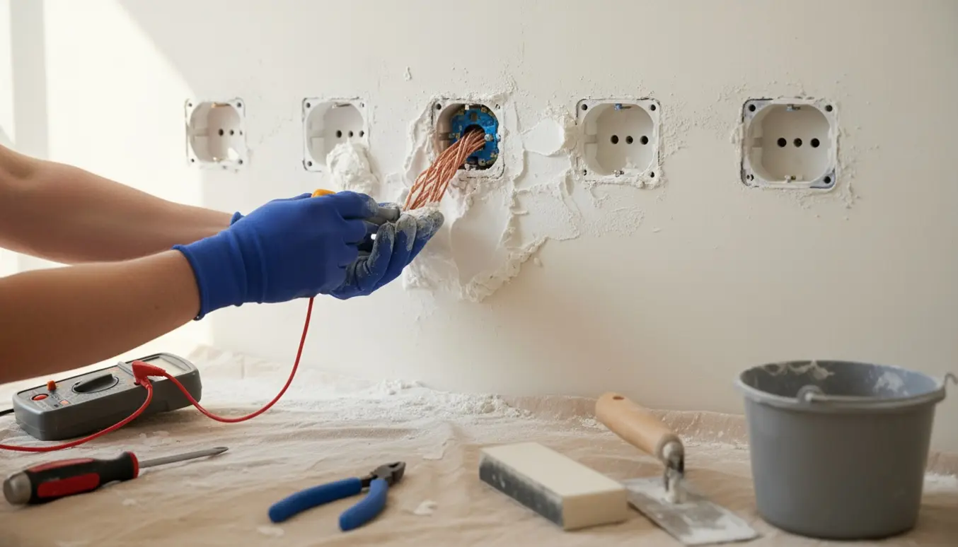 Fem afmonterede stikkontakter med plasterstøv på en væg og en hånd, der tester ledninger under renovering.