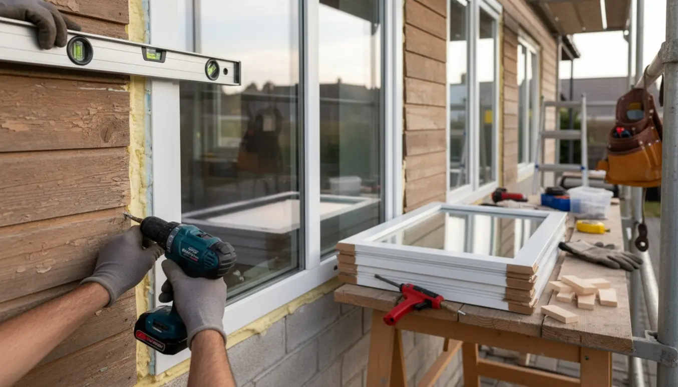 Håndværker monterer nye vinduer på en husfacade med værktøj og materialer i forgrunden.