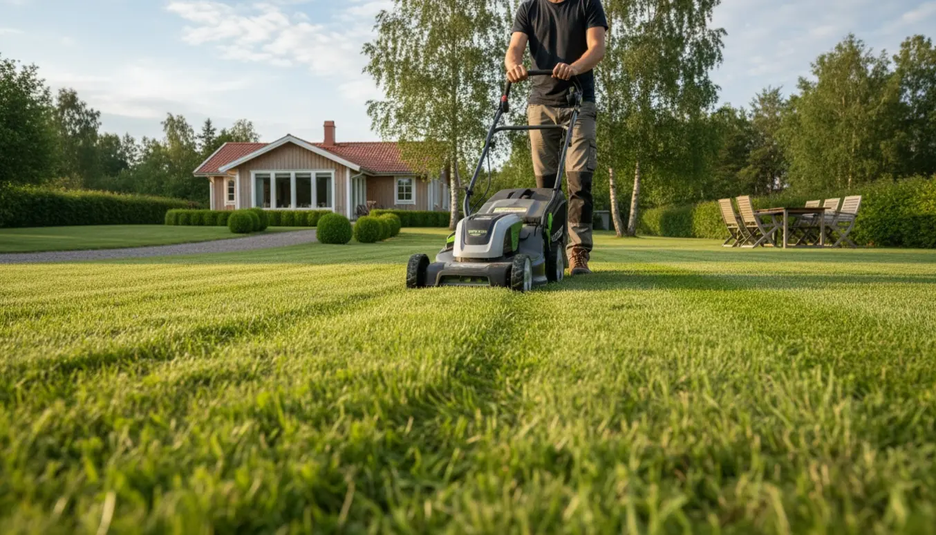 Plæneklipper skaber rene striber på en stor græsplæne foran et sommerhus.