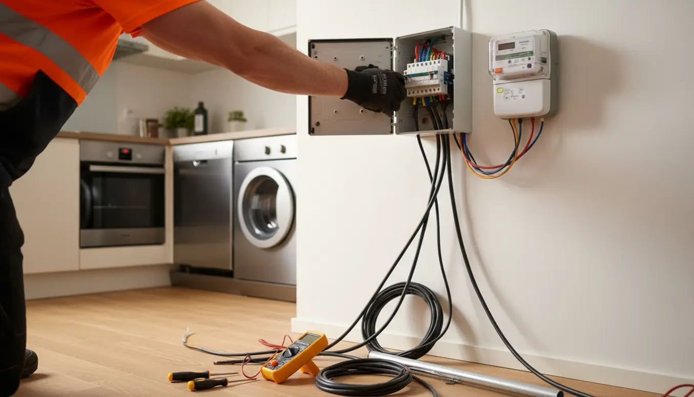 Autoriseret elektriker trækker flere fasekabler og monterer en ny el-tavle i en lille 1-værelses lejlighed med køkken.