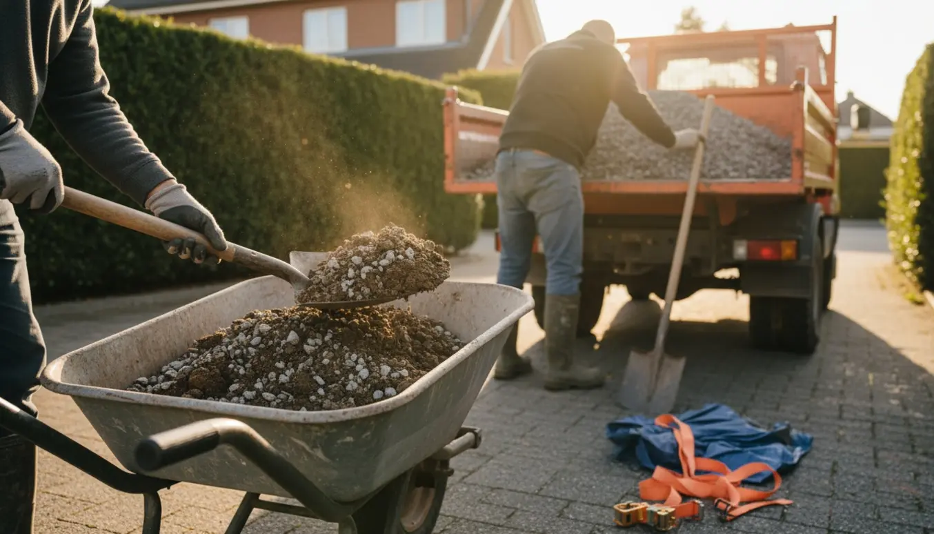Grus og jord skovles op i trillebør og læsses på en lille ladbil ved en indkørsel.
