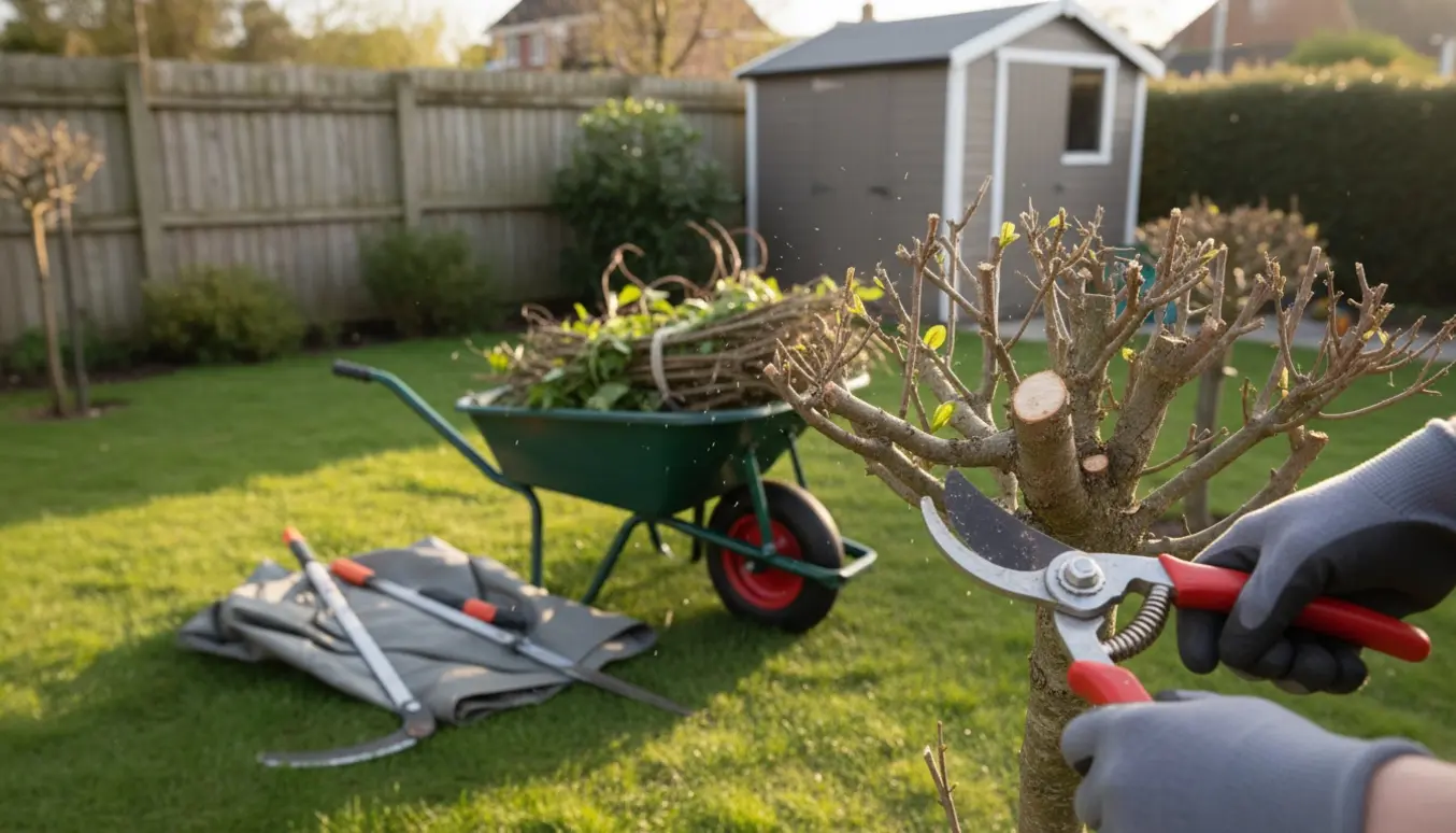 Nærbillede af beskæring af små træer og buske med beskæresaks og trillebør fyldt med afklip i en ryddet have.