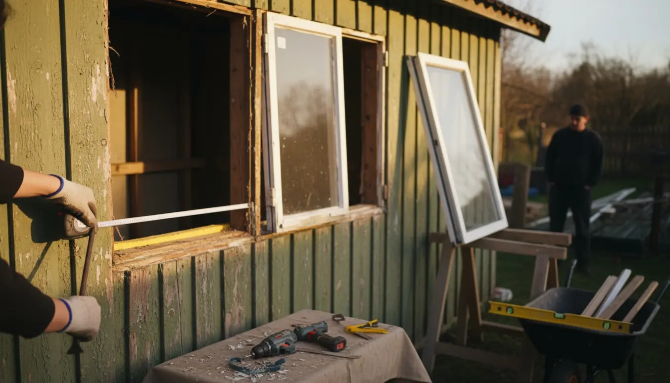 Nærbillede af udskiftning af vindue i et kolonihavehus med arbejdshandsker, værktøj og en ny vinduesramme klar til montering.