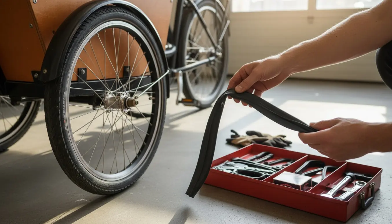 Hænder holder en punkteret slange ved forhjul på en ladcykel i en solbeskinnet garage med værktøj omkring.