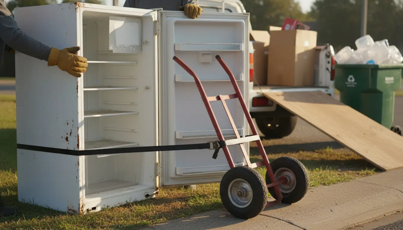 Et gammelt køleskab på en sækkevogn ved fortovet klar til afhentning.