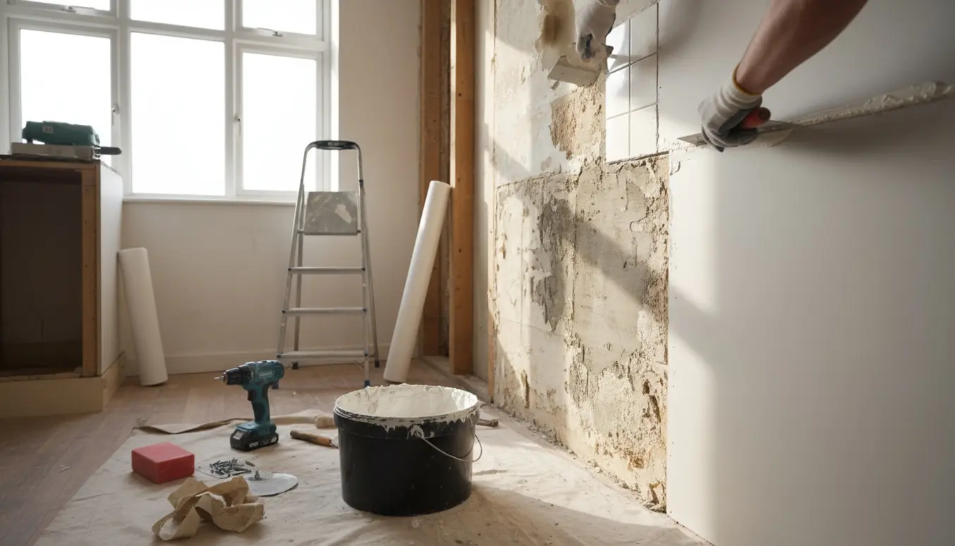 Køkken under klargøring med gipsplader, mørtelreparationer, afskallede tapetrester og ruller glastfilt ved vindueslys.