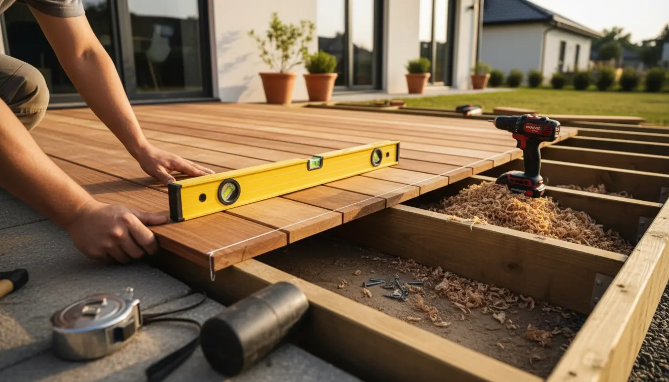 Ny træterrasse under lægning med vaterpas og værktøj i en baghave.