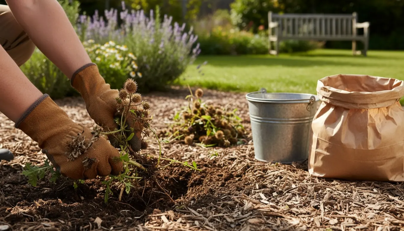 Nærbillede af hænder i havehandsker, der trækker burrer og ukrudt op af et bed med en spand fyldt affald i baggrunden.