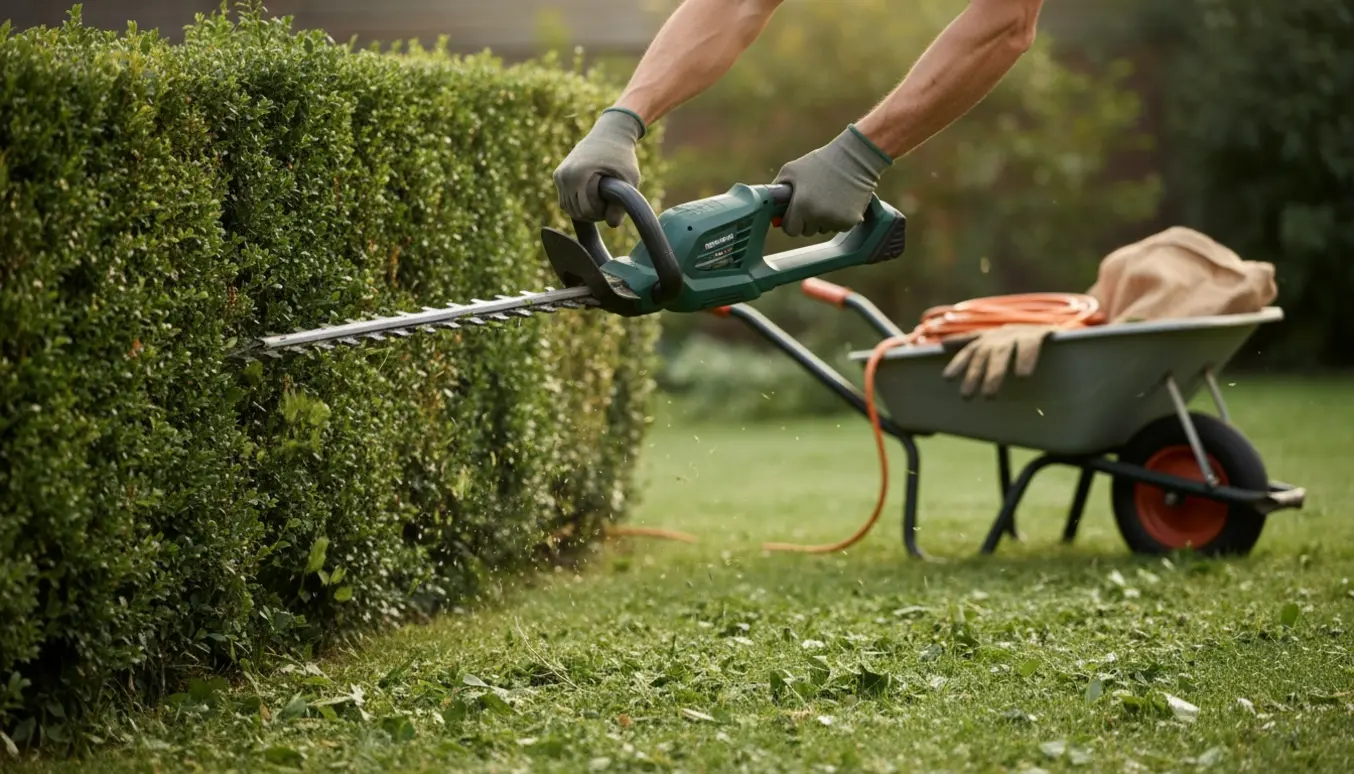 Person trimmer hæk med hækkeklipper i en solrig have, friske kviste falder på græsset.