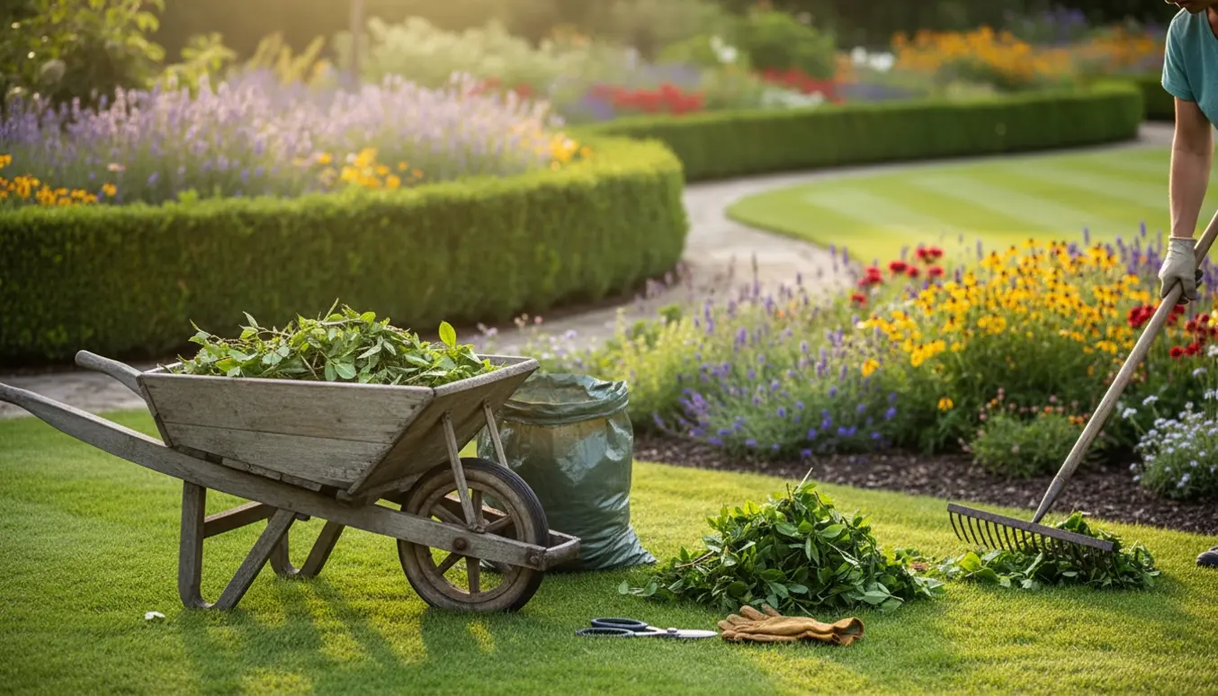 Rydning af haveaffald og let havearbejde i en solbeskinnet prydhave med nyklippede hække.