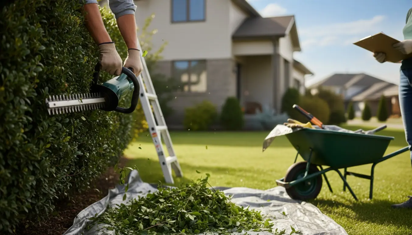 Nærbillede af hækkeklipper og frisk klippet hæk i en solrig forhave med en bunke afklip.