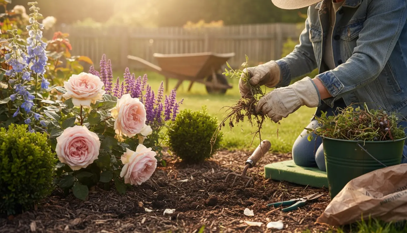 En person luger et overgroet blomsterbed med handsker og håndredskaber, mens roser og buske bevares.
