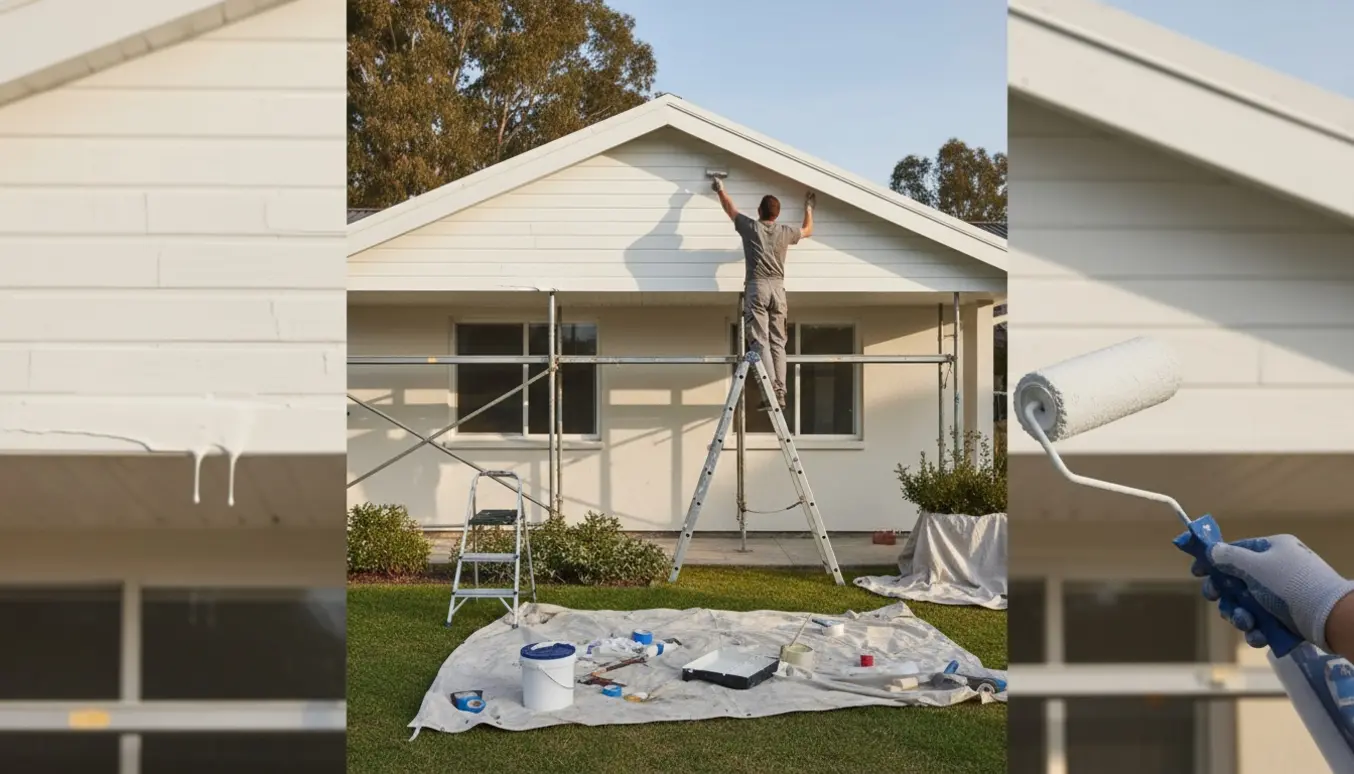 En 1-plans bungalow med halvt malet gavl og udhæng, malere og værktøj i arbejde uden synlige ansigter.