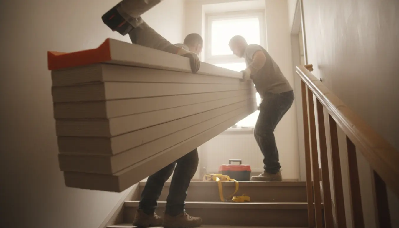 To håndværkere bærer fem gipsplader op ad en smal trappe mod 3. sal, set bagfra i naturligt lys.