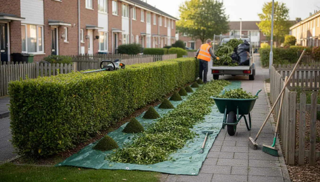 Lang hæk ved boligrække bliver klippet og grønt affald læsset på trailer.