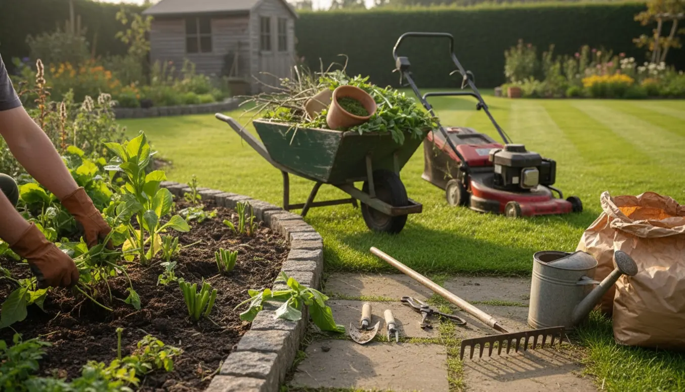 Handsker luger et blomsterbed ved siden af en nyslået græsplæne og en trillebør med haveaffald.