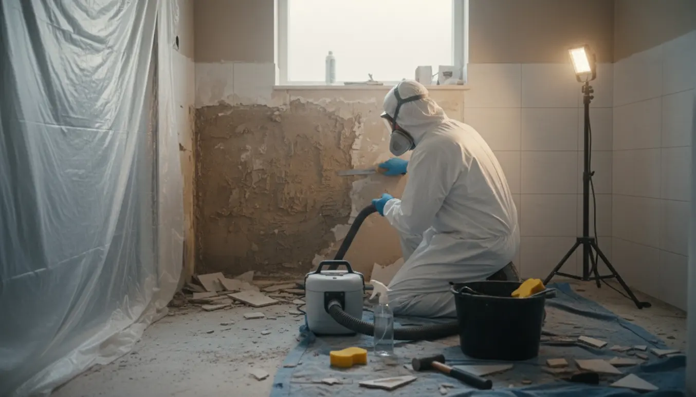 Et lille badeværelse under fjernelse af fliser og lim med en arbejder i beskyttelsesdragt og plasticafspærring.