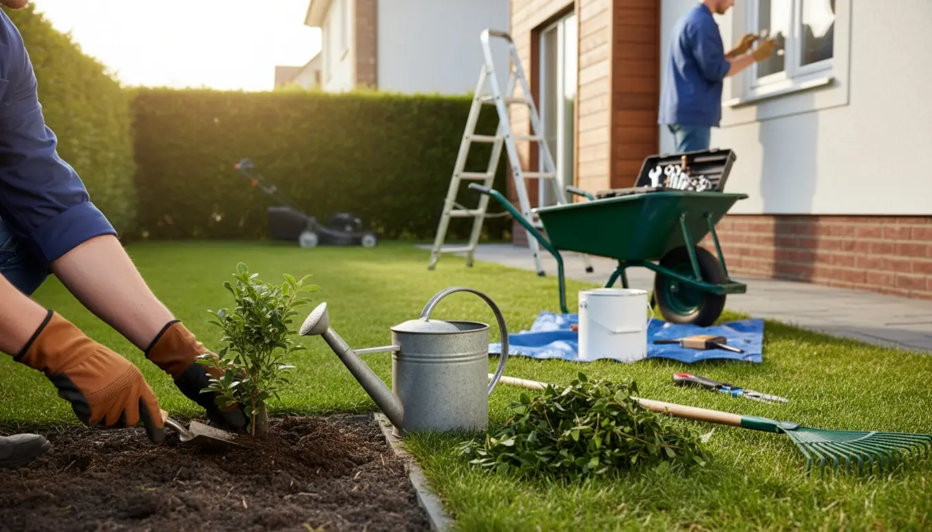 Håndværker set uden ansigt ved en trappestige omgivet af haveredskaber og et velholdt hus.