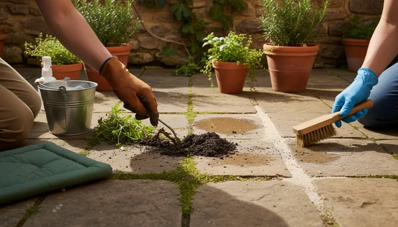 Nærbillede af hænder, der renser og fjerner ukrudt mellem fliser i en lille solbeskinnet gårdhave.