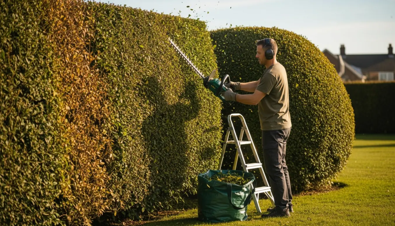 En person klipper en grøn hæk i en solrig have, set uden klart synligt ansigt.