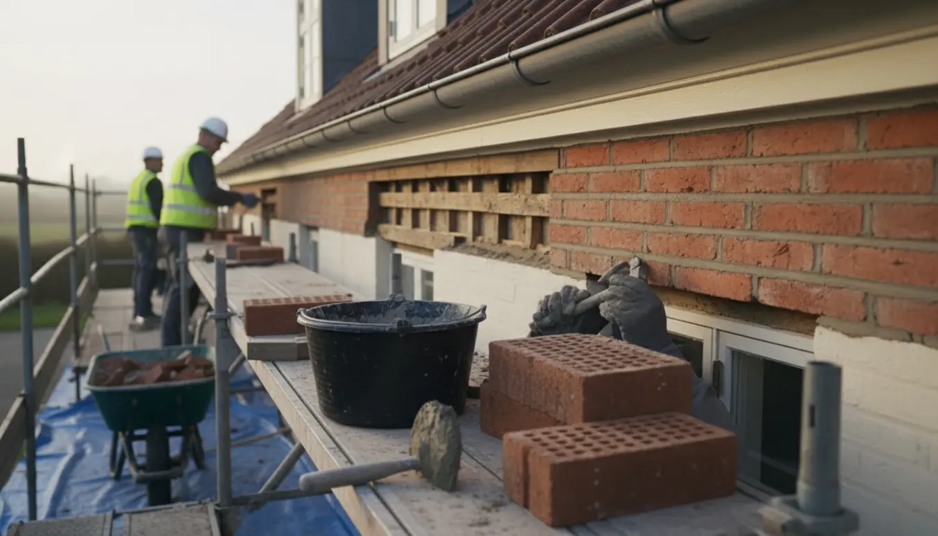 Nærbillede af murerarbejde på gesims og vindskede med stillads, mursten og mørtel.