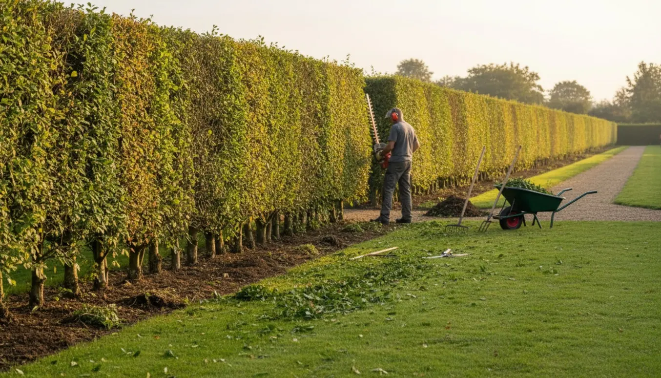 Lang, nyklippet hæk set bagfra med haveredskaber og en ryddet jordkant omkring hækroden.