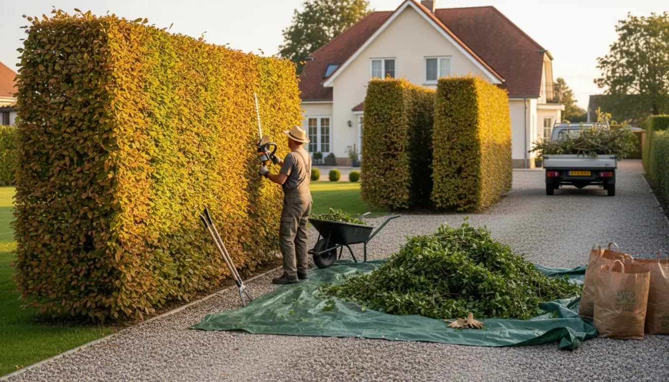 Nyklippet bøgehæk med trillebør, afklip og haveredskaber foran et parcelhus.