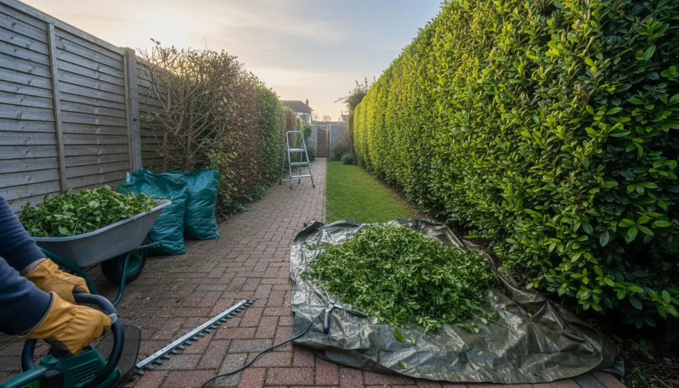 Hæk bliver klippet i en lille rækkehushave med værktøj og opsamlet grønt affald.