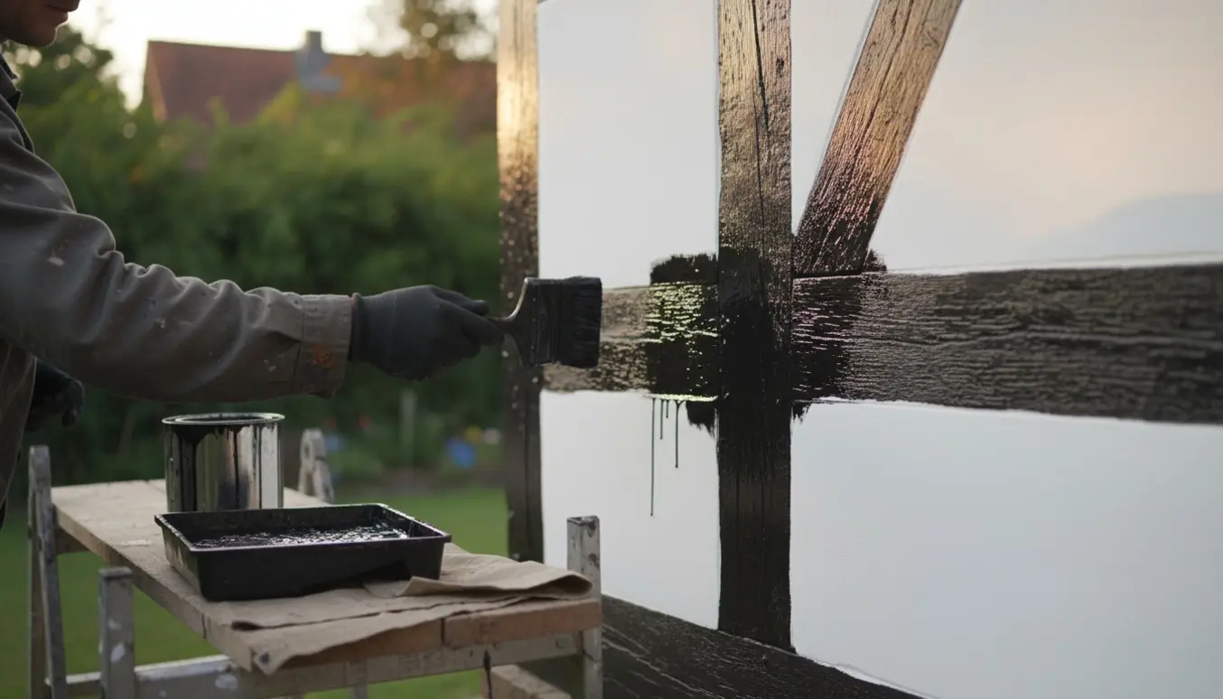 Nærbillede af hænder, der maler bindingsværk sort på et traditionelt hus med malerbøtte og stige i baggrunden.