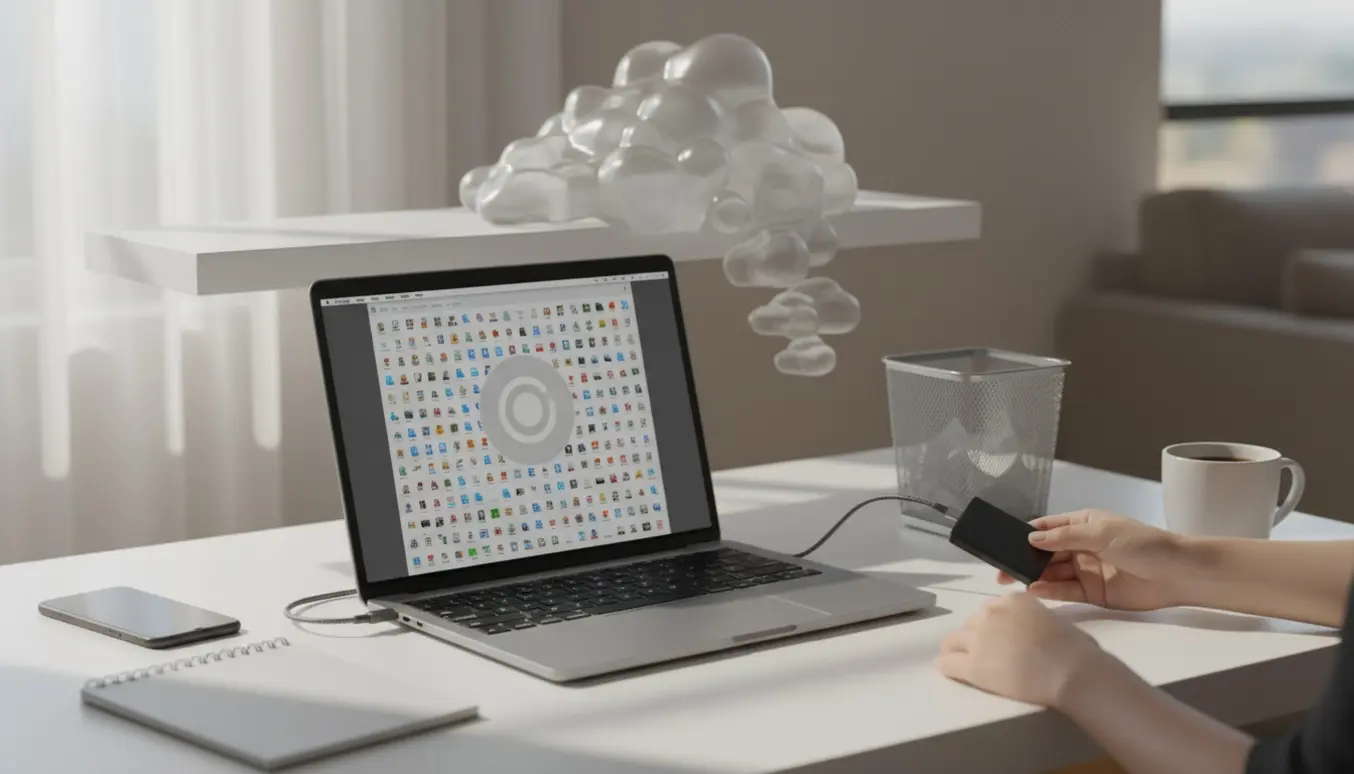 Et skrivebord med en Mac‑lignende bærbar hvor hænder tilslutter en ekstern SSD, og overlappende skyikoner viser en fuld iCloud.