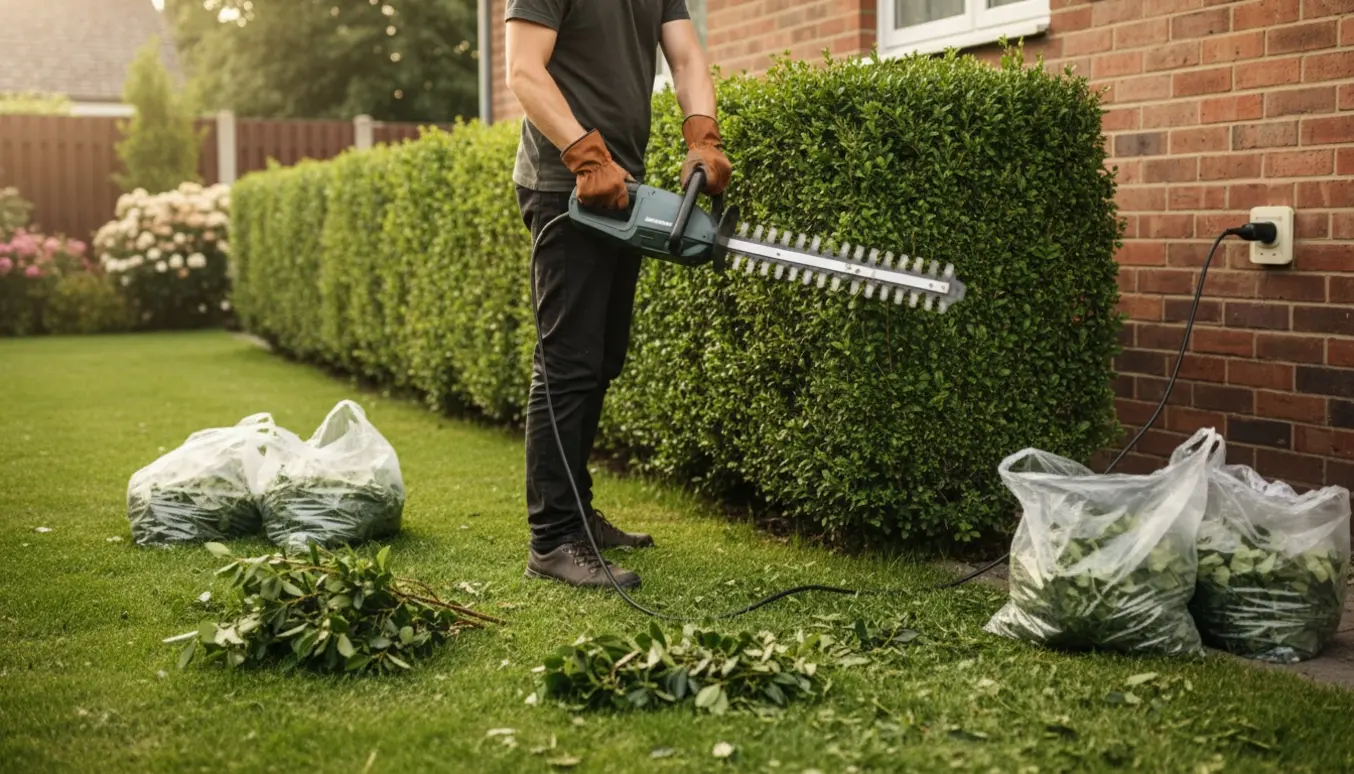 En person trimmer en lang hæk fra jorden med elektrisk hækkeklipper og fyldte plastikposer ved husets udvendige strømstik.