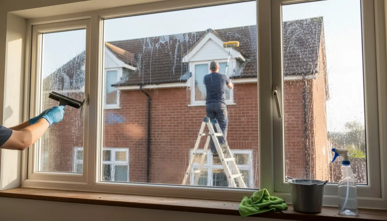 Indvendigt perspektiv af rengøring af fem vinduespartier i et 1,5-plans rækkehus med spand, vinduesvasker og stige.