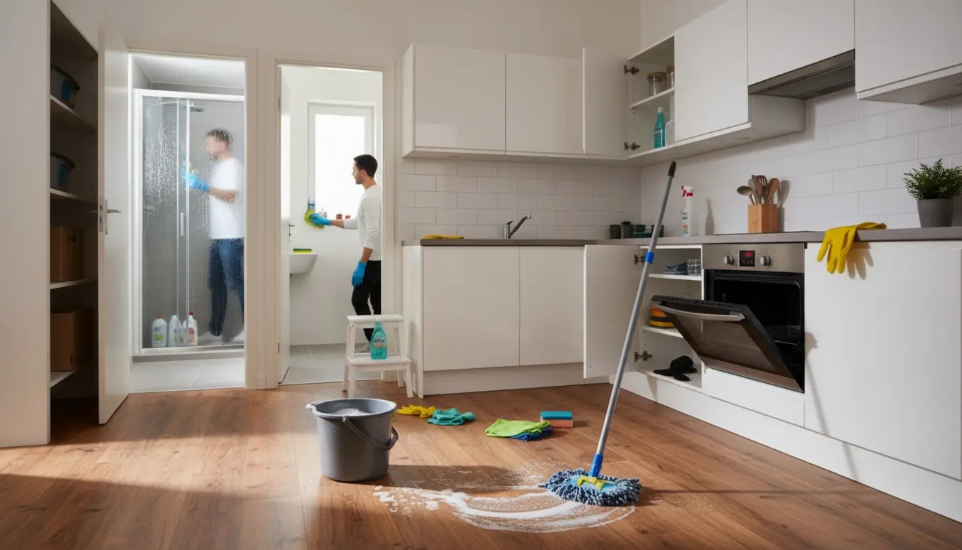 Lys lejlighed med trægulv og rengøringsudstyr, hvor fraflytningsrengøring af køkken, badeværelse og skabe er i gang.