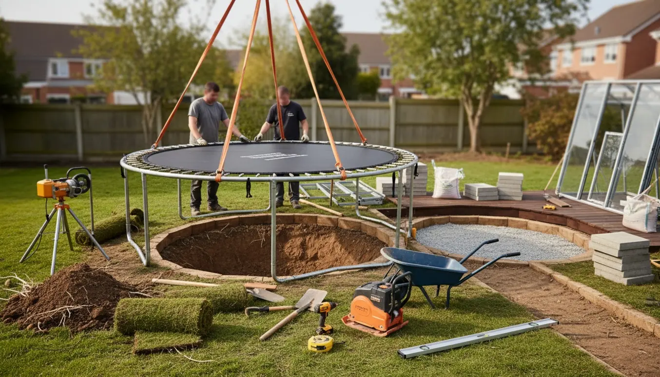 Håndværkere løfter en nedgravet trampolin væk, mens området forberedes som terrassefundament til et drivhus.