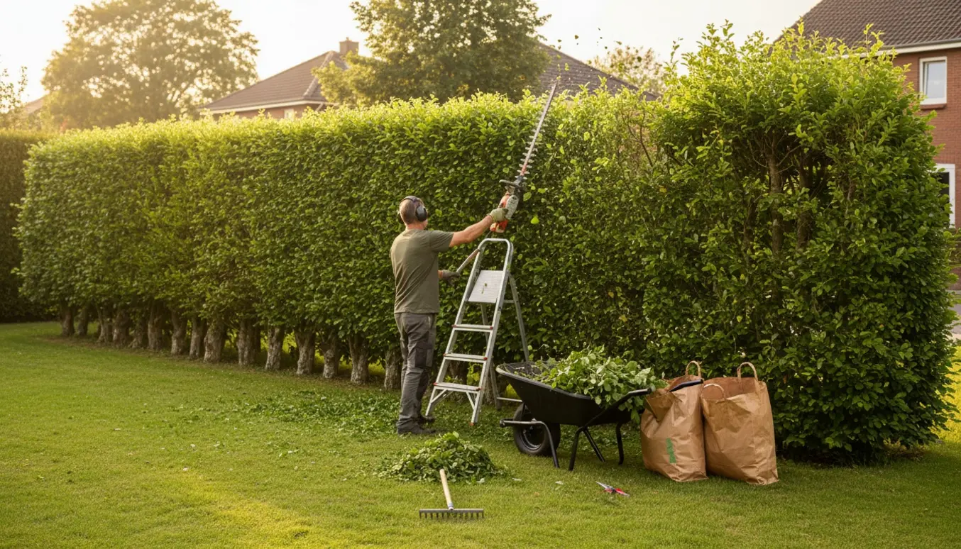 Bøgehæk klippes i sensommerlys, med en nyklippet lav sektion ved siden af en højere utrimmet del og redskaber og afklip klar til bortskaffelse.