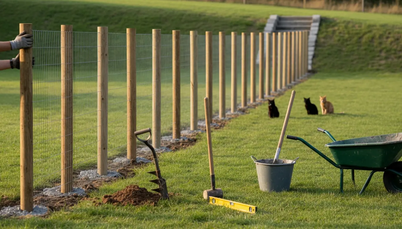 Hegn opsat på skrånende villahave med stolper, net og to katte indenfor.