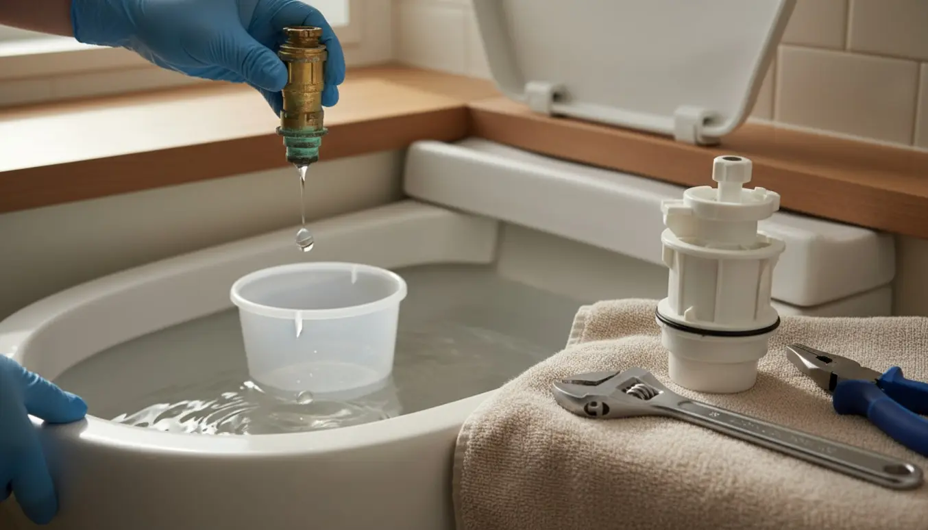 Åbent toiletcistern med dryppende ventil, reservedele og VVS-værktøj klar til udskiftning.