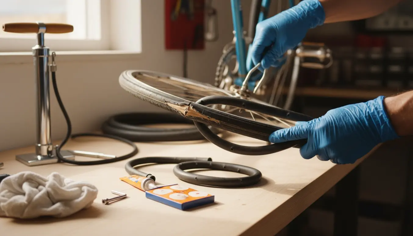 Vintage racercykel på værksted med afmonteret hjul, synligt hak i dækket og to punkterede slanger klar til udskiftning.