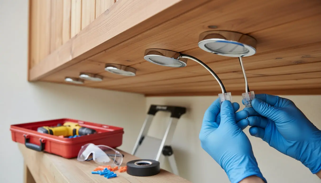 To nye spots monteres i husets udhæng, hvor håndværkerens hænder tilslutter ledninger ved forberedte huller.