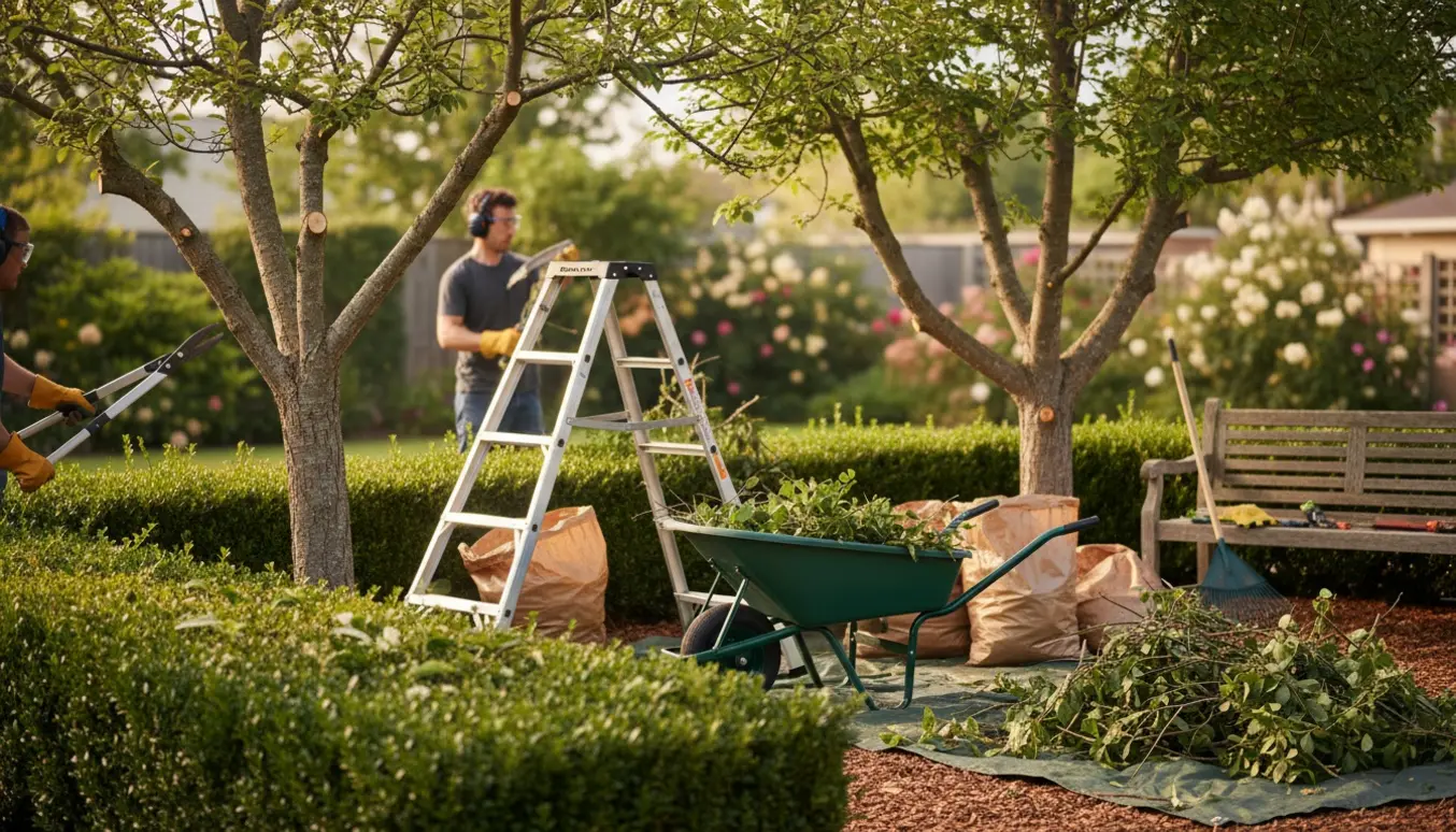 Hækklipning og topkapning af to træer i en solrig villahave med grønt affald i en trillebør.