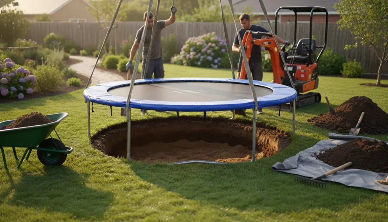 Rund trampolin sænkes ned i et nyslået baghavehul med skovle, trillebør og bunker af opgravet jord.